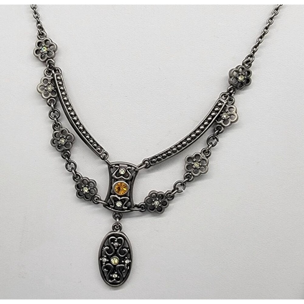 Ornate Floral Rhinestone Statement Necklace Gunmetal Filigree Scrollwork Vintage